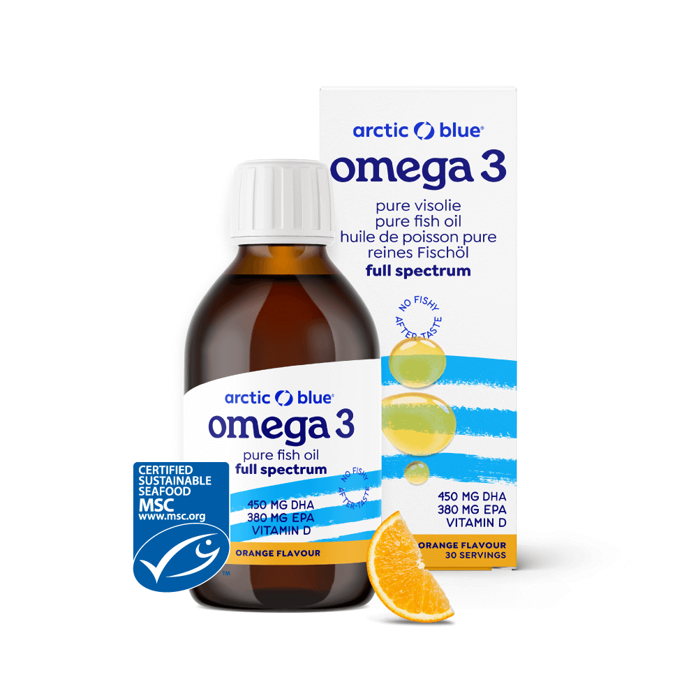 Produktansicht von Arctic Blue® Omega-3 Full Spectrum 150 ml – Wildfischöl aus Norwegen, 830 mg Omega-3 (DHA+EPA), mit Vitamin D & Orangengeschmack – MSC-zertifiziert, kein Aufstoßen, Glasflasche