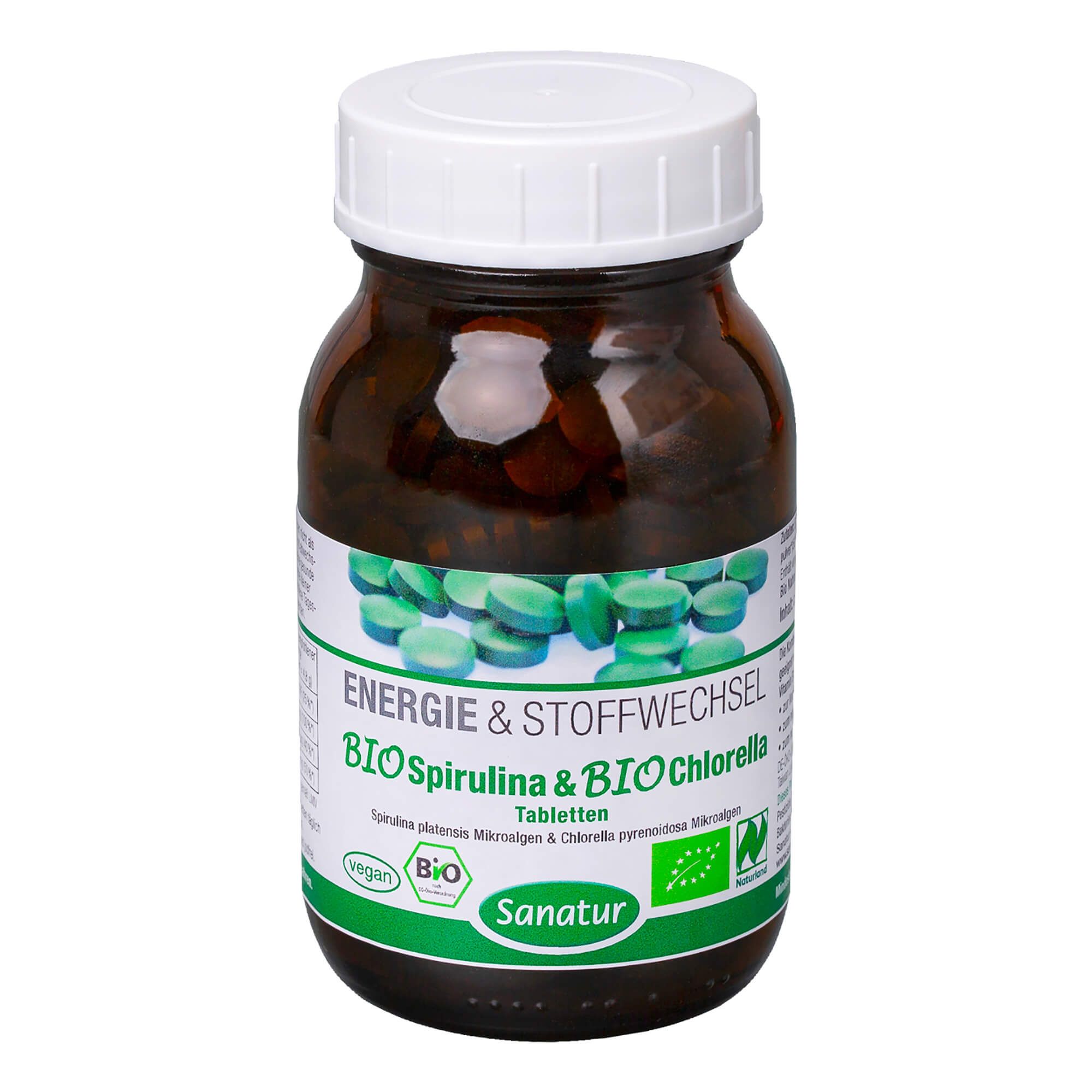 Produktansicht von Sanatur Bio Spirulina & Chlorella Tabletten bio (250 Stück) – Veganes Superfood aus Mikroalgen mit natürlichem Vitamin B12, Folsäure und Eisen für Energie & Immunsystem