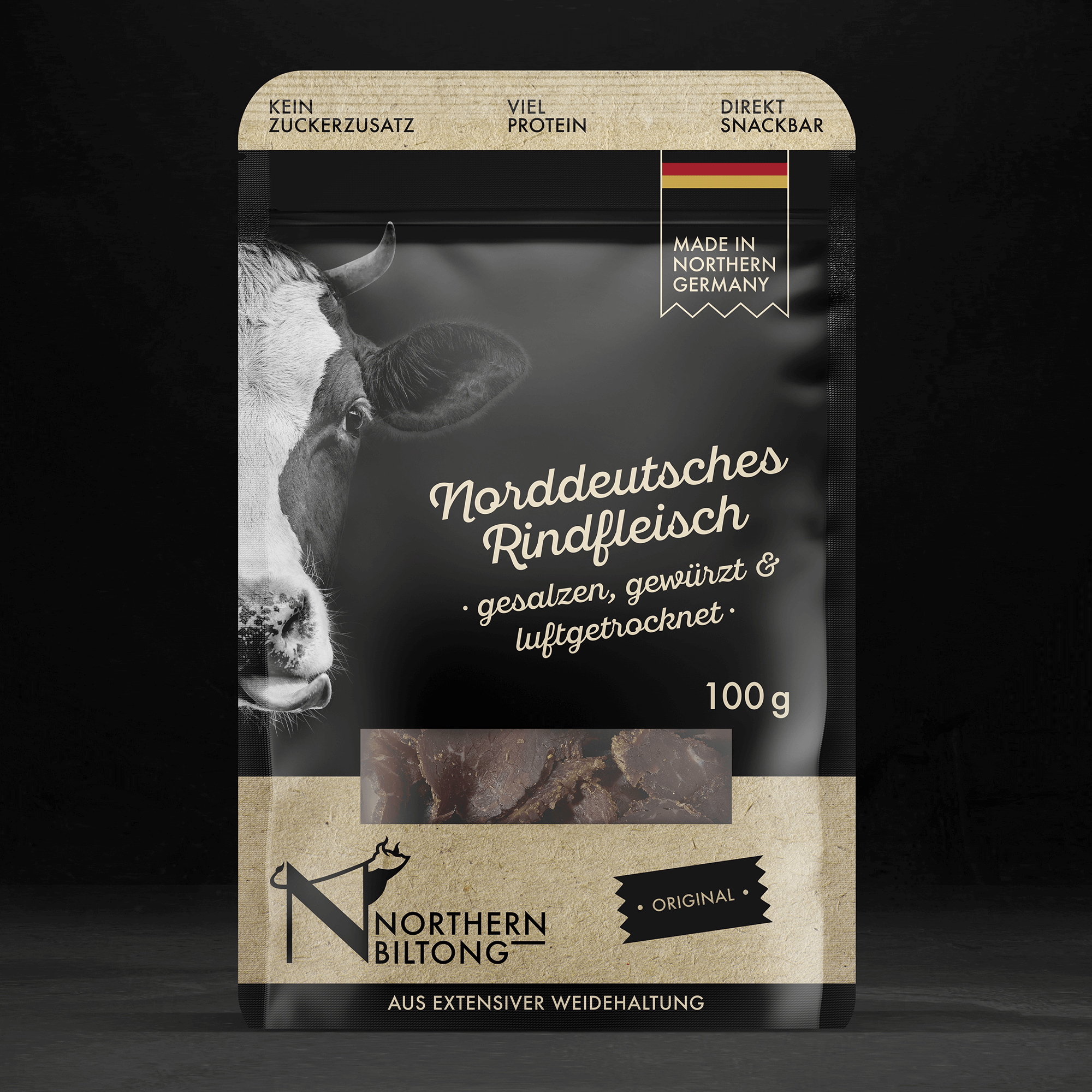 Produktansicht von Northern Biltong Trockenfleisch, Proteinreicher Snack aus Weiderind