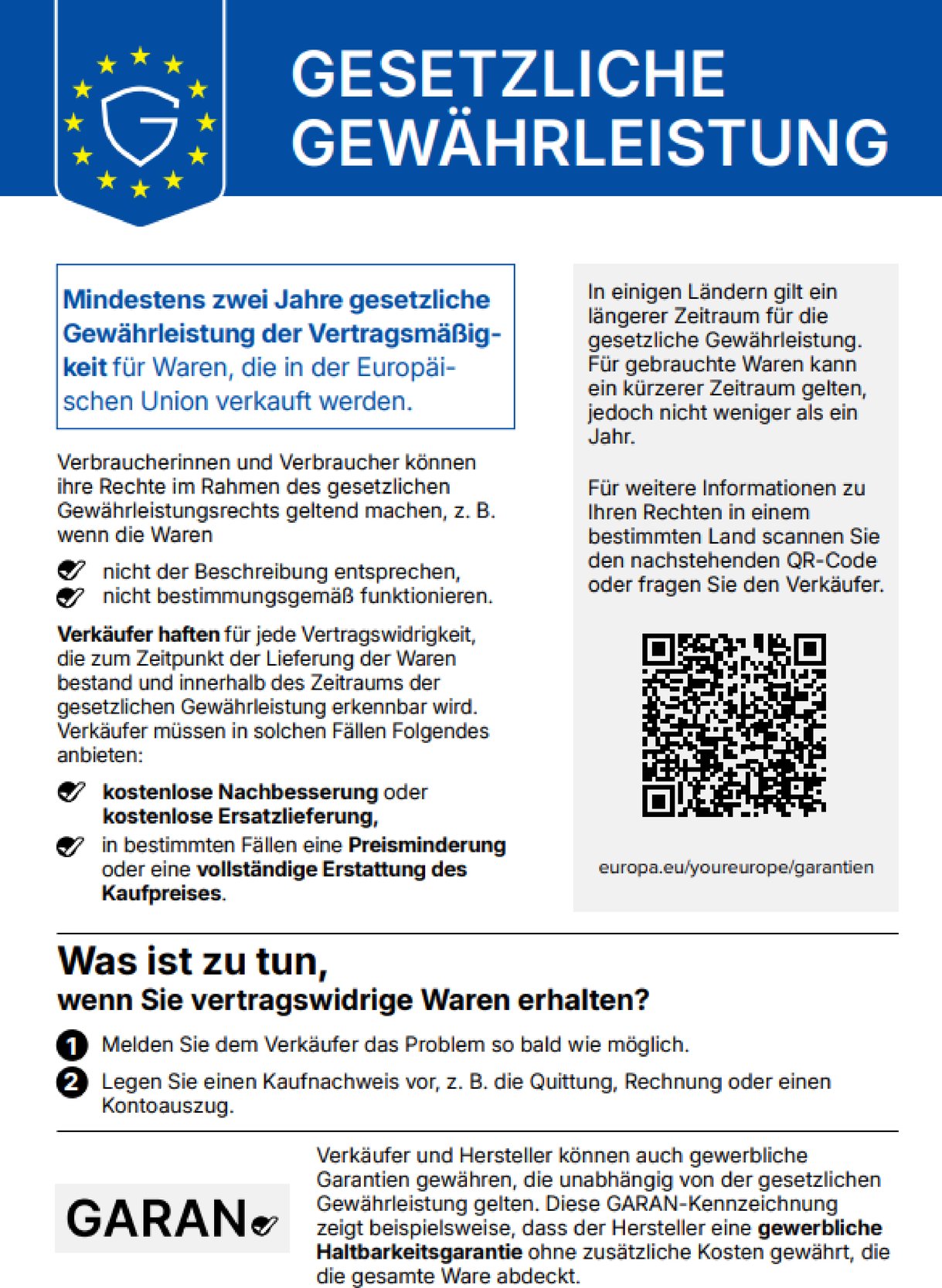 EU-Kennzeichnung: Gesetzliche Gewährleistung von mindestens zwei Jahren